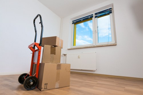 Business relocation items prepared for transport in a local move